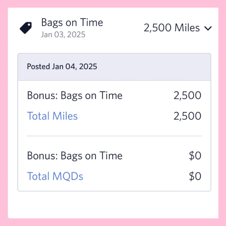 Screenshot showing 2,500 free Delta SkyMiles awarded for delayed luggage through Delta Airlines bag delay policy, highlighting how to file Delta bag claim under Bags on Time Delta claim program for travel hacks 2025 and airline rewards for delays.