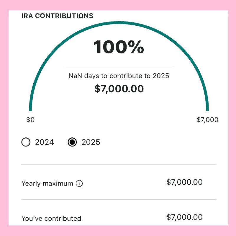 Completed Roth IRA contribution tracker showing $7,000 maxed out for 2025, reflecting The Luxury Bandit's commitment to financial empowerment, smart saving, and luxury living with intention.