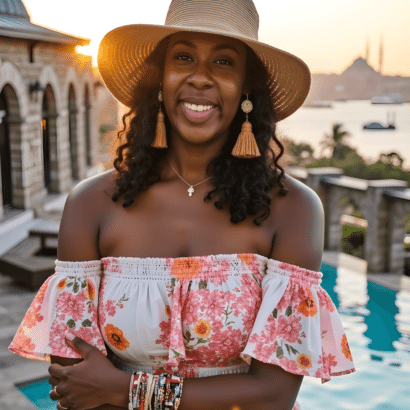 Nia, founder of The Luxury Bandit, smiling in a floral dress and sunhat by the pool at sunset, embodying affordable luxury, chic travel style, and everyday glam for stylish adventurers.
