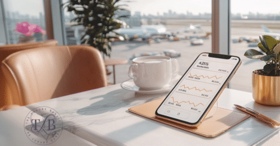 Mobile banking dashboard displays 4.25% hysa rates while traveler relaxes at airport lounge, showcasing benefits of highest interest rate savings account and integrating online savings account planning into luxury travel routines.