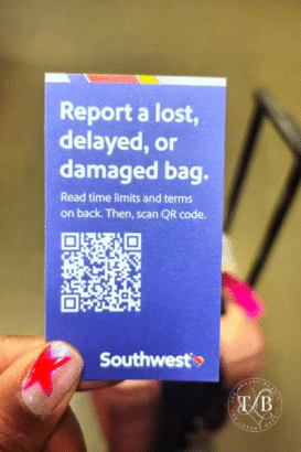 Southwest Airlines QR code card for reporting a lost, delayed, or damaged bag. Essential tool for passengers filing a Southwest luggage claim within the 4-hour policy window to receive reimbursement for damaged luggage at baggage claim.