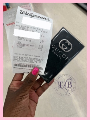 A shopper holds a Walgreens receipt and Gucci Guilty cologne, purchased for half off during a Walgreens perfume sale. This discounted cologne is a result of savvy drugstore perfume hacks and proves that luxury fragrance clearance finds can be stylish and smart.