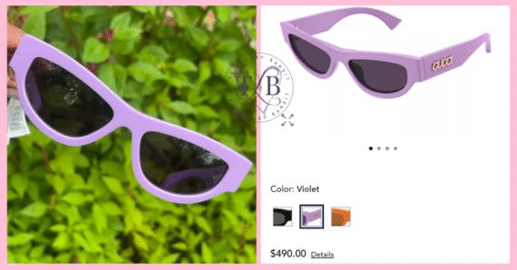 A split image showing purple Gucci sunglasses, with one side held against greenery and the other showing a Nordstrom product page displaying a $490 price. This represents a prime Nordstrom Gucci deal for designer sunglasses for less.