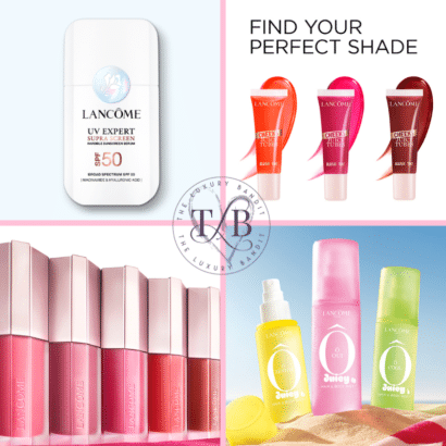 Lancôme summer beauty collection featuring UV Expert Supra Screen SPF 50, colorful Juicy Tubes Cheeks Jelly Tint shades, Lip Idôle lip colors, and Ô Oui Juicy Hair & Body Mists displayed in a bright seasonal collage. The Lancôme Supra Screen sunscreen, Lancôme Juicy Tubes blush, and Lancôme Ô Oui body mist highlight options for protecting skin, adding color, and refreshing your fragrance throughout summer.