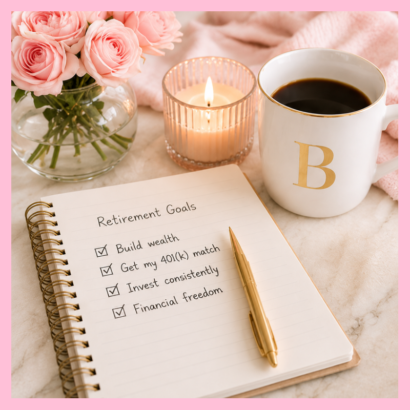 A blush-and-gold retirement planning scene features a notebook with checked goals to build wealth, get a 401(k) match, invest consistently, and reach financial freedom. Pink roses, a glowing candle, coffee, and a gold pen add The Luxury Bandit’s signature luxe touch while highlighting 401(k) employer match, retirement planning, and 401(k) contributions as practical steps toward building long-term financial security.